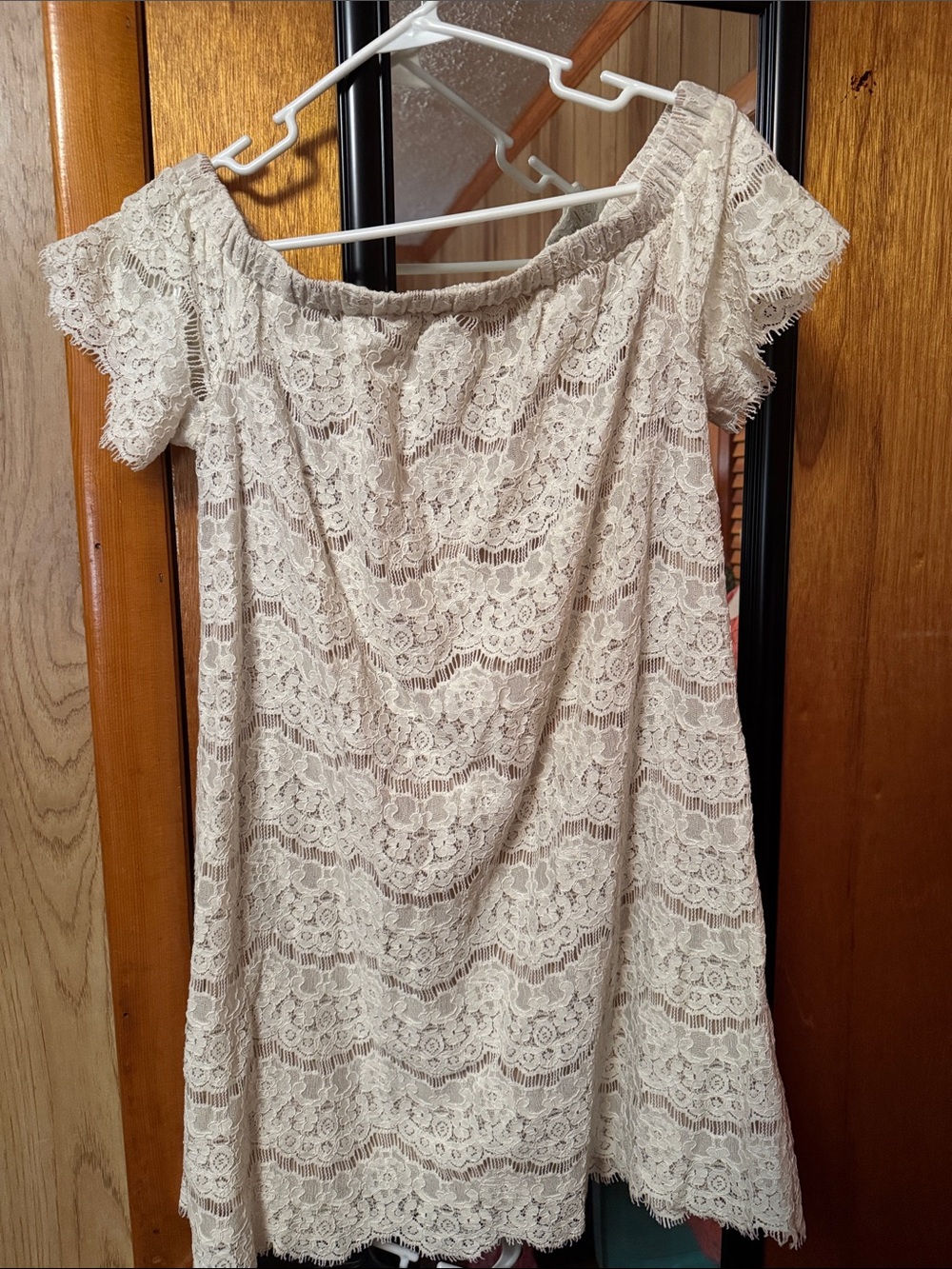 love, Fire Cream Lace Off-Shoulder Mini Dress